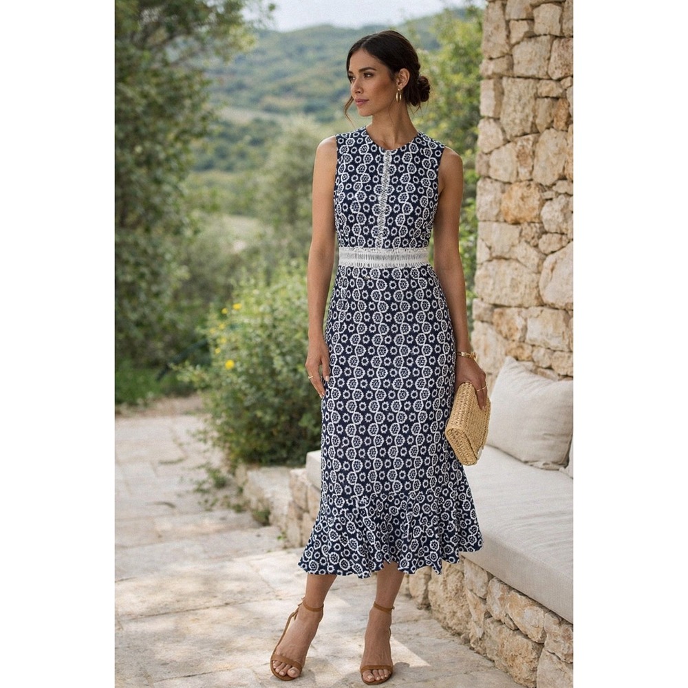 Shoshanna Romantic Eyelet Lace Midi Dress Sleeveless Ruffle Hem Navy White 2